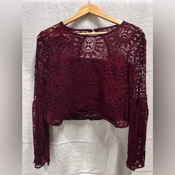 Burgundy Crochet Mid-Drift Long Sleeve Top Size XL - Picture 1 of 2